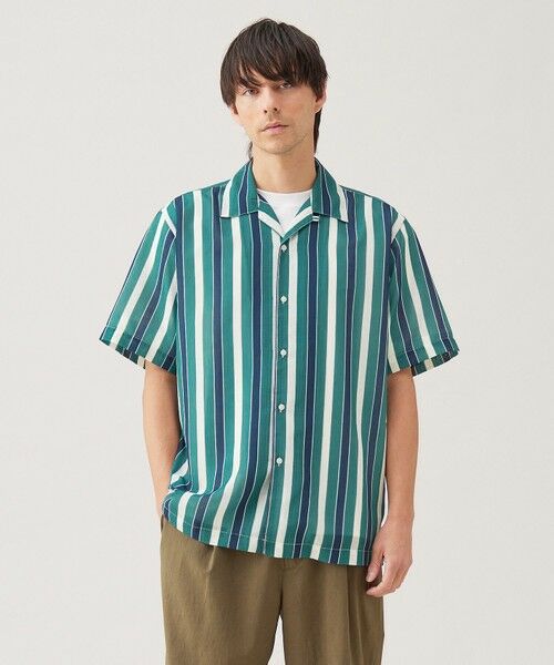 UNFILO/アンフィーロ シアーメッシュプリント オープンカラーシャツ グリーンストライプ S UNFILO/アンフィーロ シアーメッシュプリント オープンカラーシャツ グリーンストライプ S