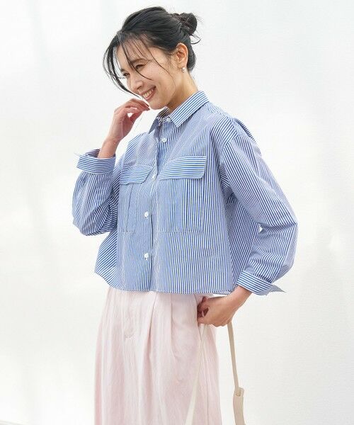 UNFILO/アンフィーロ 【洗える】シアークロップドシャツ ブルーストライプ XL UNFILO/アンフィーロ 【洗える】シアークロップドシャツ ブルーストライプ XL