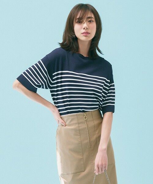 UNFILO/アンフィーロ 【UVケア/遮熱】スゴ機能美 ハーフスリーブ ニット ネイビー×オフ XL UNFILO/アンフィーロ 【UVケア/遮熱】スゴ機能美 ハーフスリーブ ニット ネイビー×オフ XL