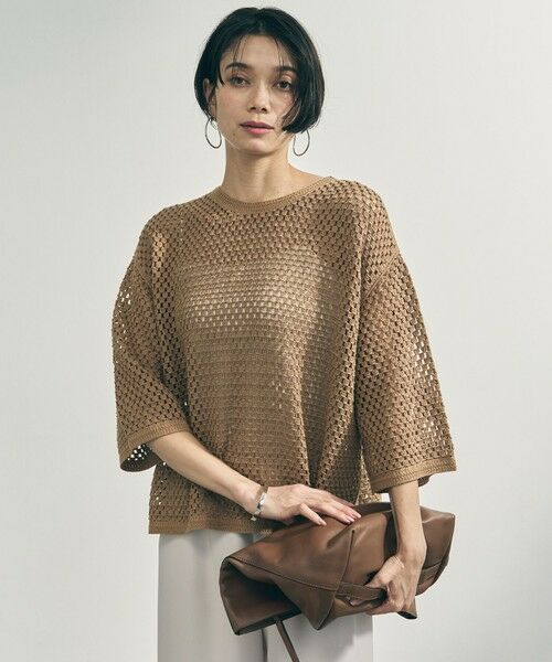 UNFILO / アンフィーロ ニット・セーター | クロシェレースニット ハーフスリーブ プルオーバー（キャメル）