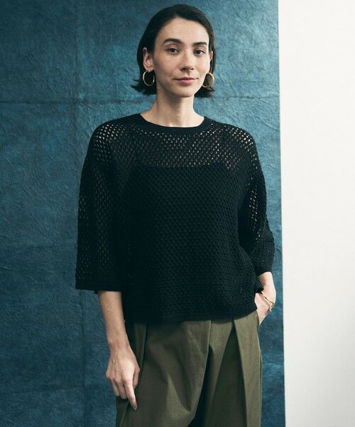 UNFILO / アンフィーロ ニット・セーター | クロシェレースニット ハーフスリーブ プルオーバー（ブラック）