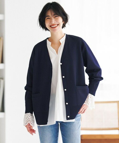 UNFILO / アンフィーロ カーディガン・ボレロ | BEAUTY FORM KNIT Vカーディガン（ネイビー×パールボタン）