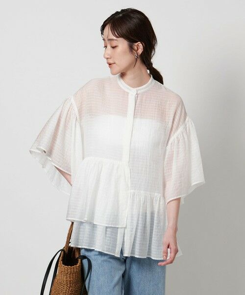 UNITED ARROWS/ユナイテッドアローズ シアーラメ イレギュラーペプラム 六分袖 ブラウス OFF WHITE FREE UNITED ARROWS/ユナイテッドアローズ シアーラメ イレギュラーペプラム 六分袖 ブラウス OFF WHITE FREE