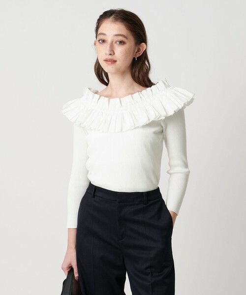 UNITED ARROWS / ユナイテッドアローズ ニット・セーター | ギャザー オフショルダー 7分袖ニット ‐ウォッシャブル‐(OFF WHITE)