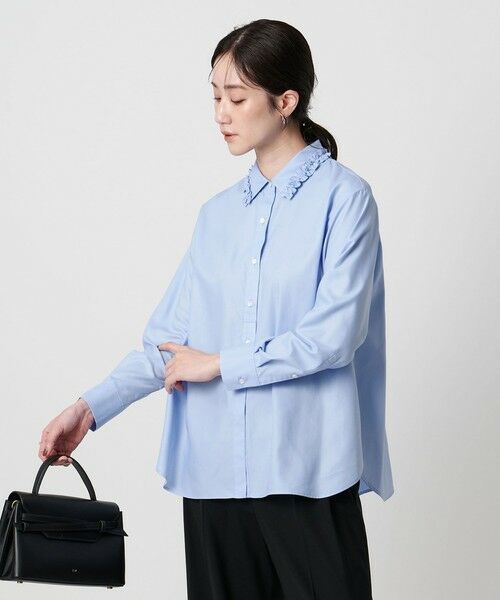 新品 ユナイテッドアローズ ミニフリル シャツ ネイビー 半袖 UNITED ARROWS（ユナイテッドアローズ）の「ミニフリル シャツ