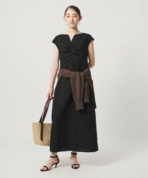 UNITED ARROWS / ユナイテッドアローズ ロング・マキシ丈ワンピース | リネン シャーリング スキッパー ワンピース ‐ウォッシャブル‐（BLACK）