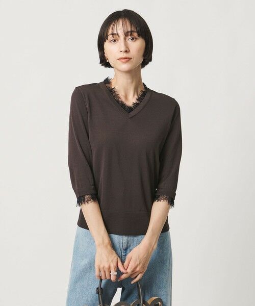 UNITED ARROWS / ユナイテッドアローズ ニット・セーター | レースコンビ Vネックニット ‐ウォッシャブル‐（DK.BROWN）