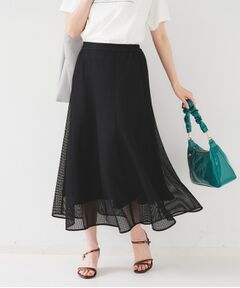 UNTITLED アンタイトル フレア ロングスカート リボン付 ブラック テックリノストレッチ フレアスカート（マキシ・ロングスカート