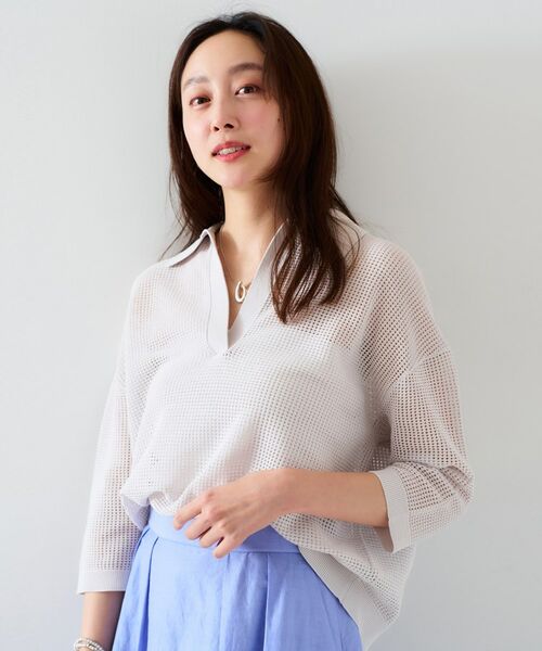 UNTITLED/アンタイトル 【七分袖/春夏素材】メッシュ衿付きニット ライトグレー(011) 44(3L) UNTITLED/アンタイトル 【七分袖/春夏素材】メッシュ衿付きニット ライトグレー(011) 44(3L)