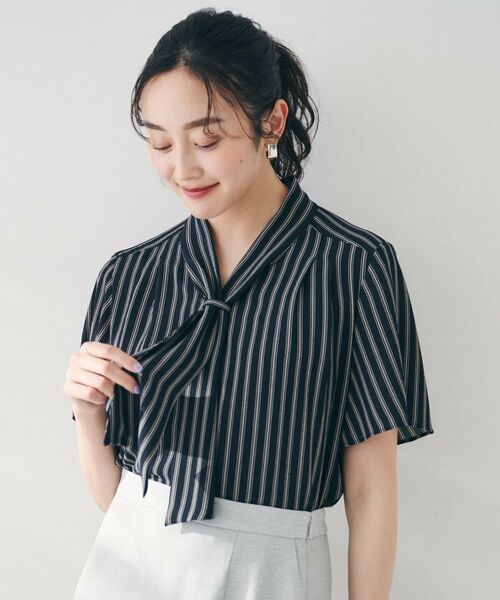 UNTITLED / アンタイトル シャツ・ブラウス | 【通勤/オフィス/二の腕カバー】ボウタイブラウス(ネイビー(694))