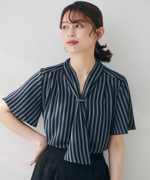 UNTITLED / アンタイトル シャツ・ブラウス | 【通勤/オフィス/二の腕カバー】ボウタイブラウス(ネイビー(194))