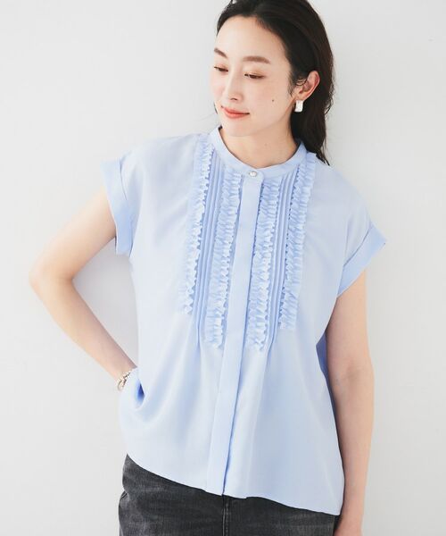 UNTITLEDスタンドネックフリルブラウス【接触冷感/吸水速乾/UVケア】新品 UNTITLED ブラウス シャツ スタンドネックフリルブラウス「接触