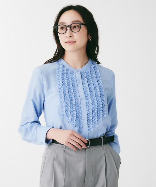 UNTITLED / アンタイトル シャツ・ブラウス | フィブリルサテン フリルネックブラウス(サックスブルー(090))