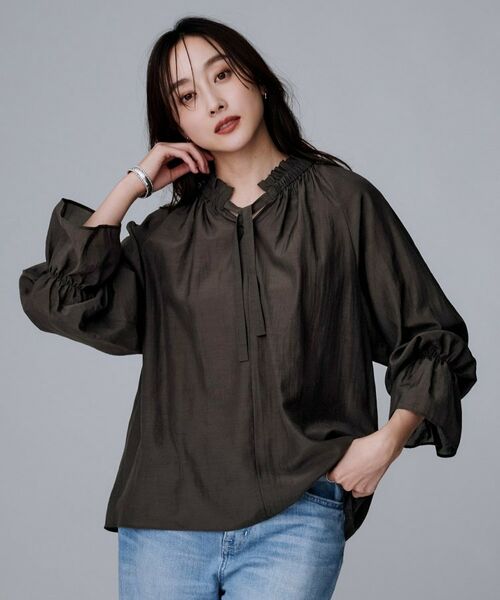 UNTITLED/アンタイトル 【キャンディスリーブ/エレガント】フリルギャザーネックブラウス ブラウン(044) 44(3L) UNTITLED/アンタイトル 【キャンディスリーブ/エレガント】フリルギャザーネックブラウス ブラウン(044) 44(3L)