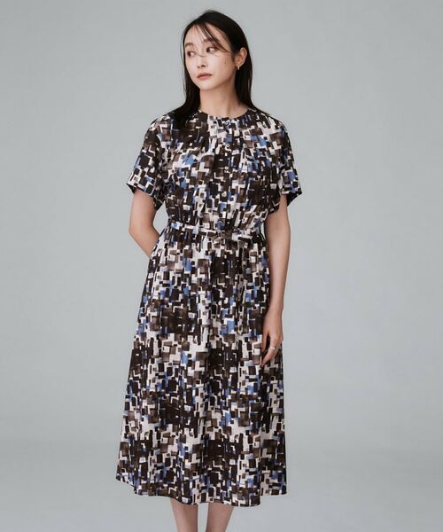 UNTITLED / アンタイトル ロング・マキシ丈ワンピース | 【洗える/前開きボタン/ベルト付】ブロック柄ワンピース(ブルー(192))