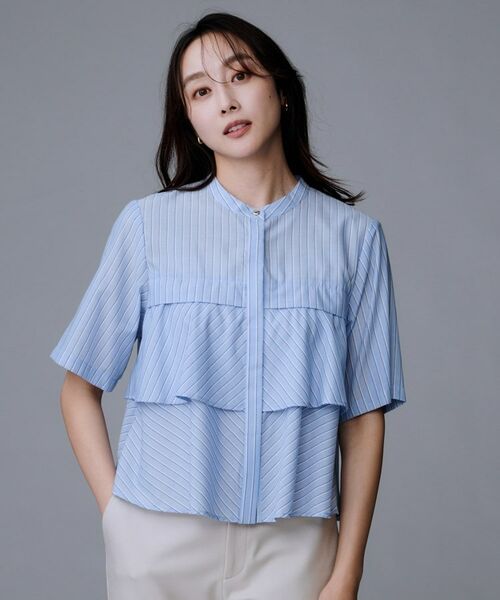 UNTITLED / アンタイトル シャツ・ブラウス | 【短丈/前ボタン/五分袖】ストライプフリルシャツ(ブルー(391))