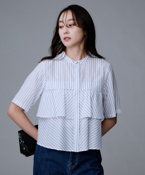 UNTITLED / アンタイトル シャツ・ブラウス | 【短丈/前ボタン/五分袖】ストライプフリルシャツ(ホワイト(301))