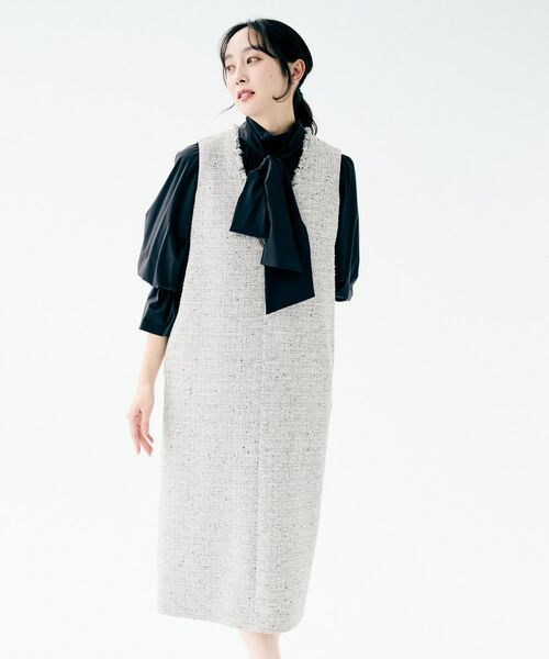 UNTITLED / アンタイトル ミニ丈・ひざ丈ワンピース | ツイード ジャンパースカート(ライトグレー(411))