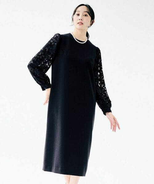 UNTITLED / アンタイトル ミニ丈・ひざ丈ワンピース | カットジャカードスリーブ ワンピース(ネイビー(094))