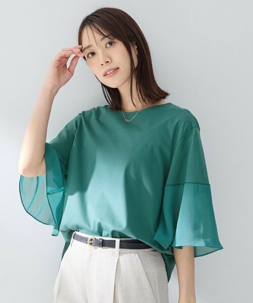 UNTITLED / アンタイトル カットソー | 【洗える／袖シアー／Tシャツ風】袖シアープルオーバー（グリーン(022)）