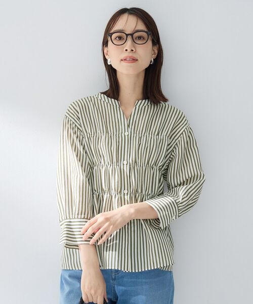 UNTITLED / アンタイトル シャツ・ブラウス | ストライプシャーリングブラウス（カーキ(327)）
