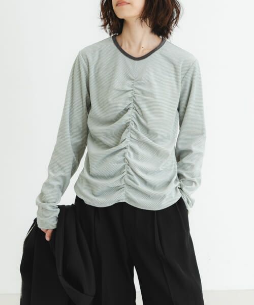 URBAN RESEARCH/アーバンリサーチ 『MADE IN JAPAN』ベロアボーダーシャーリングカットソー BEIGE×SAX FREE URBAN RESEARCH/アーバンリサーチ 『MADE IN JAPAN』ベロアボーダーシャーリングカットソー BEIGE×SAX FREE