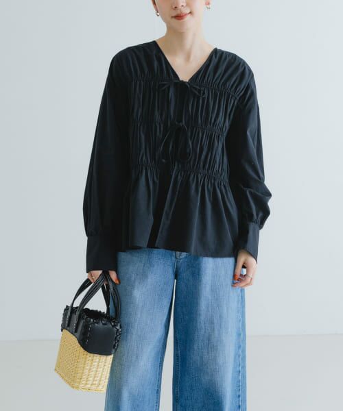 URBAN RESEARCH/アーバンリサーチ ギャザーリボンブラウス BLACK FREE URBAN RESEARCH/アーバンリサーチ ギャザーリボンブラウス BLACK FREE