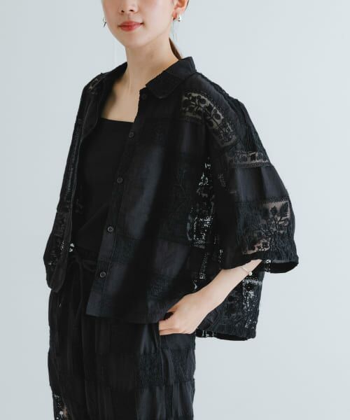 URBAN RESEARCH/アーバンリサーチ crinkle crinkle crinkle patchwork embroidery shirt BLACK FREE URBAN RESEARCH/アーバンリサーチ crinkle crinkle crinkle patchwork embroidery shirt BLACK FREE