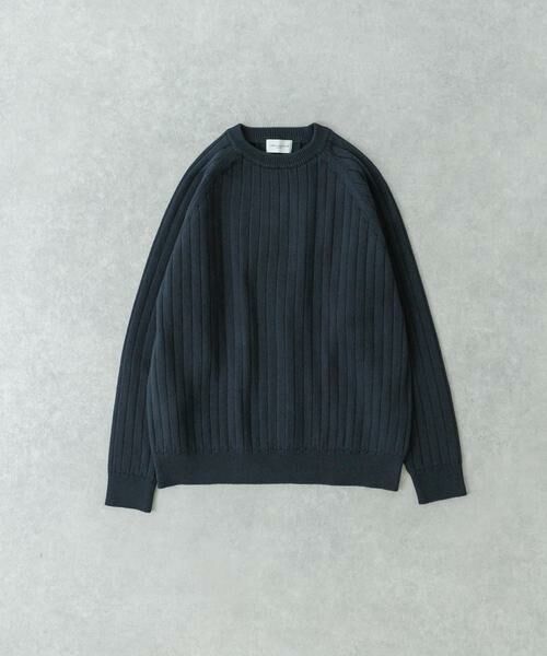 URBAN RESEARCH/アーバンリサーチ new basic COTTON CASHMERE WIDE RIB CREW NECK KNIT ネイビー L