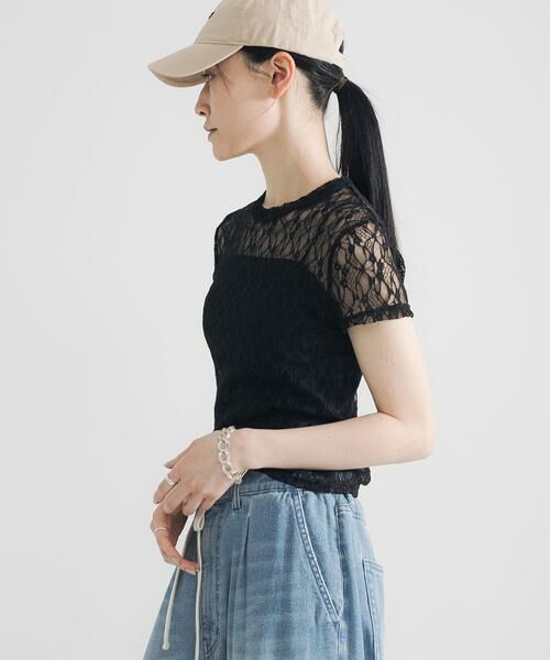 URBAN RESEARCH/アーバンリサーチ ストレッチレースTシャツ ブラック FREE