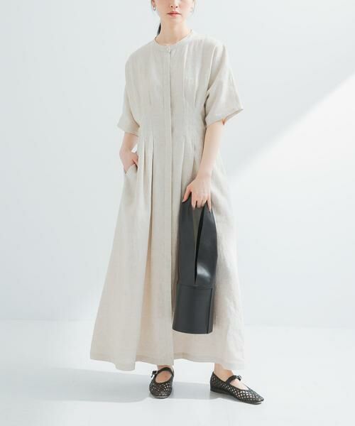 Memoire●Web限定こだわりリネン100%タックワンピ 2サイズ展開』タックデザインリネンワンピース(36 NATURAL