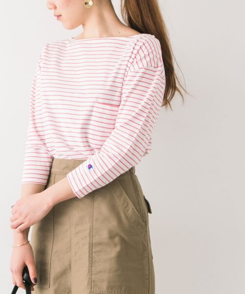 ＊＊URBAN RESEARCH / アーバンリサーチ Tシャツ | Champion×URBAN RESEARCH　別注ウォッシュドボーダーカットソー（ピンク×ホワイト）