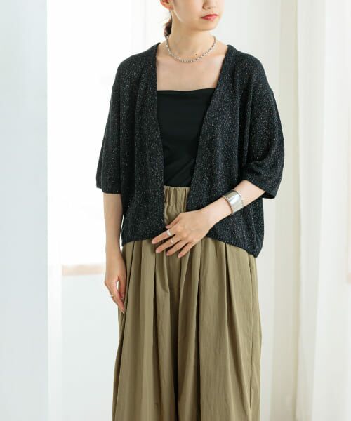 ＊＊URBAN RESEARCH / アーバンリサーチ カーディガン・ボレロ | ハーフスリーブラメブークレカーディガン（BLACK）
