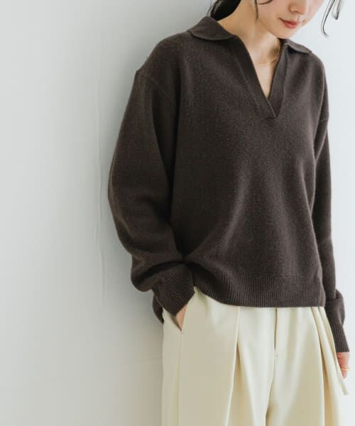 セール】 カシミヤ混強縮キーネックニットプルオーバー （ニット