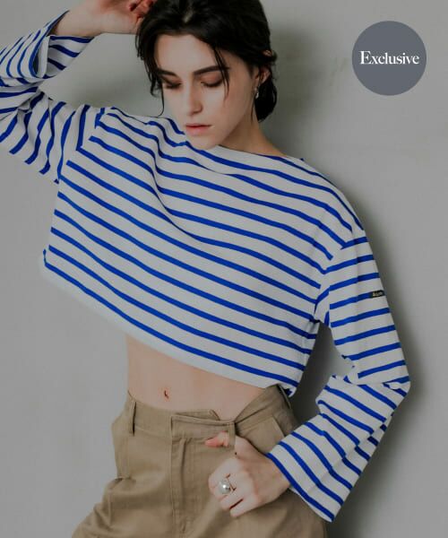 ＊＊URBAN RESEARCH / アーバンリサーチ Tシャツ | 『WEB/一部店舗限定』『別注』Le minor×UR　Border cropped Tee（Bla/roy）