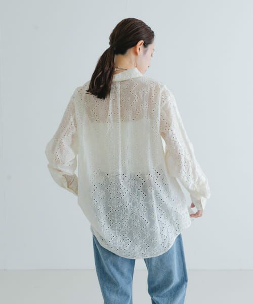 B1563S【慈雨/ジウ】ブラウスシャツ アシメントリー リネン 日本製 セール】 刺繍レースオーバーシャツ （シャツ・ブラウス