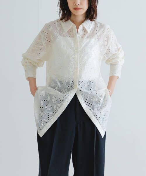 B1563S【慈雨/ジウ】ブラウスシャツ アシメントリー リネン 日本製 セール】 刺繍レースオーバーシャツ （シャツ・ブラウス
