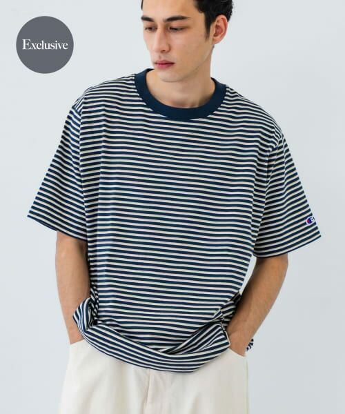 ＊＊URBAN RESEARCH / アーバンリサーチ Tシャツ | 『別注』Champion×UR　USA Fit BORDER T-shirts（NAVY）