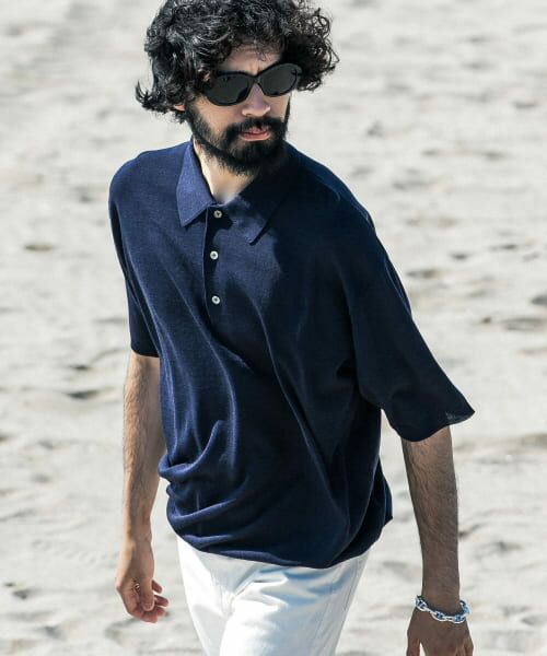 Plage WOOL ポロニットシャツ plage WOOLポロニットシャツ ニット ポロシャツ（Navy）| Sunspel