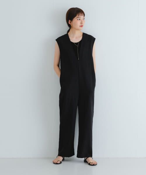 セール】 『2サイズ展開』リネンライク深Vネックオールインワン
