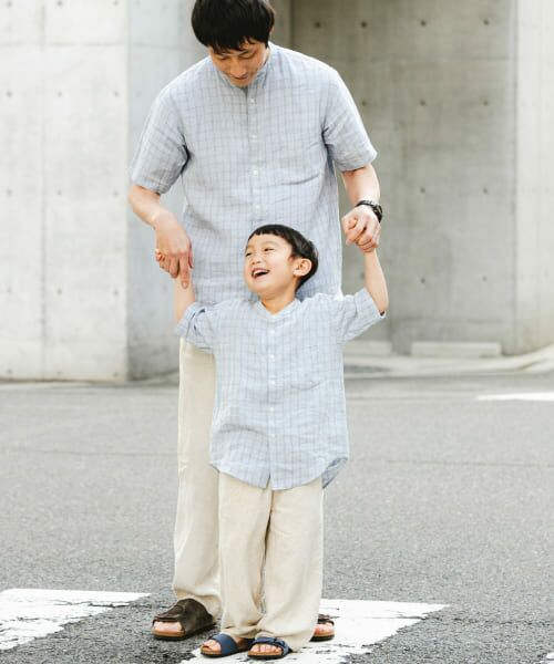 URBAN RESEARCH DOORS/アーバンリサーチ ドアーズ 『親子リンク』シルケットリネンバンドカラーシャツ(KIDS) BLUE CHECK 120 URBAN RESEARCH DOORS/アーバンリサーチ ドアーズ 『親子リンク』シルケットリネンバンドカラーシャツ(KIDS) BLUE CHECK 120