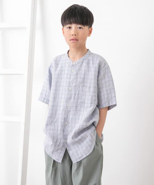 URBAN RESEARCH DOORS/アーバンリサーチ ドアーズ 『WEB/一部店舗限定』『親子リンク』シルケットリネンバンドカラーシャツ(KIDS) BLUE CHECK 150 URBAN RESEARCH DOORS/アーバンリサーチ ドアーズ 『WEB/一部店舗限定』『親子リンク』シルケットリネンバンドカラーシャツ(KIDS) BLUE CHECK 150