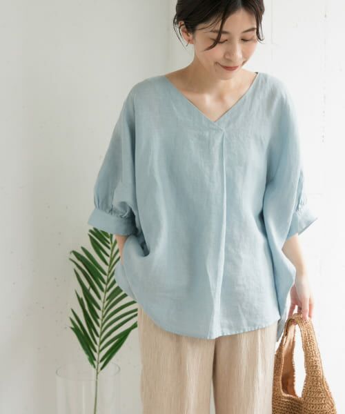 URBAN RESEARCH DOORS/アーバンリサーチ ドアーズ リネンギャザースリーブVネックブラウス BLUE M URBAN RESEARCH DOORS/アーバンリサーチ ドアーズ リネンギャザースリーブVネックブラウス BLUE M
