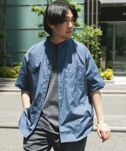 URBAN RESEARCH DOORS / アーバンリサーチ ドアーズ シャツ・ブラウス | TC バンドカラー ショートスリーブシャツ(ネイビー)