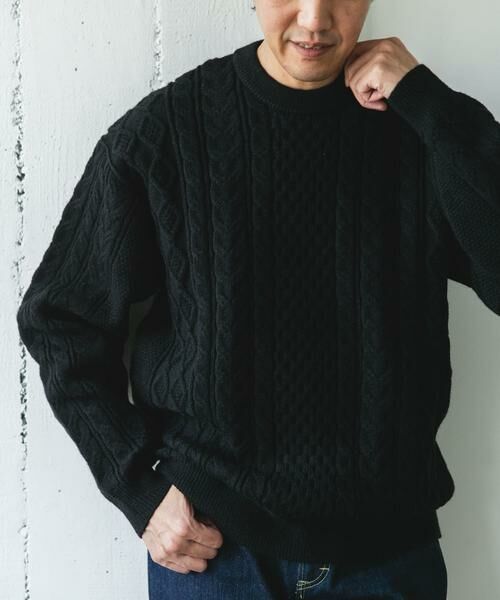 URBAN RESEARCH DOORS / アーバンリサーチ ドアーズ ニット・セーター | アランニットクルーネックプルオーバー(ブラック)