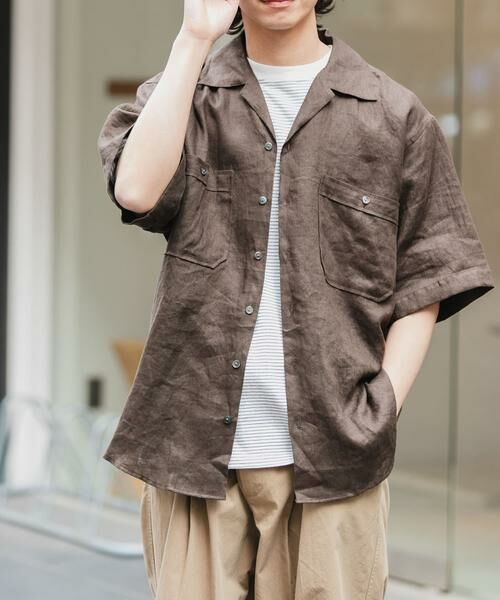 URBAN RESEARCH DOORS / アーバンリサーチ ドアーズ シャツ・ブラウス | FORK&SPOON　フレンチリネンオープンカラーショートスリーブシャツ（ブラウン）
