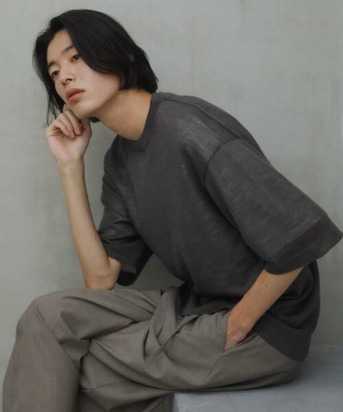 URBAN RESEARCH DOORS / アーバンリサーチ ドアーズ ニット・セーター | Ramie High Gauge Crew-Neck Knit（チャコールグレー）