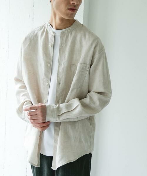 URBAN RESEARCH DOORS / アーバンリサーチ ドアーズ シャツ・ブラウス | シルケットリネン バンドカラーロングスリーブシャツ（アイボリー）