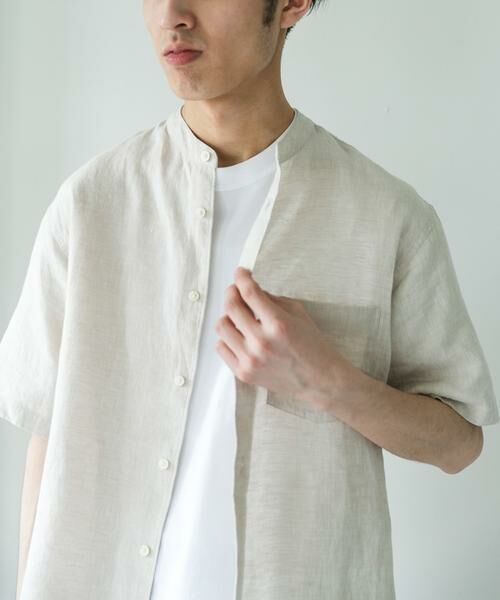 URBAN RESEARCH DOORS / アーバンリサーチ ドアーズ シャツ・ブラウス | シルケットリネン バンドカラーショートスリーブシャツ（アイボリー）