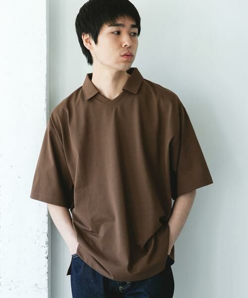 URBAN RESEARCH DOORS / アーバンリサーチ ドアーズ Tシャツ | 『吸水速乾/防シワ/抗ピリング/UVカット/イージーケア』DRYMIX Vネック ポロカラー ショートスリーブ Tシャツ（ブラウン）